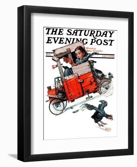 "Look Out Below" or "Downhill Daring" Saturday Evening Post Cover, January 9,1926-Norman Rockwell-Framed Giclee Print