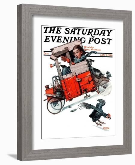 "Look Out Below" or "Downhill Daring" Saturday Evening Post Cover, January 9,1926-Norman Rockwell-Framed Giclee Print