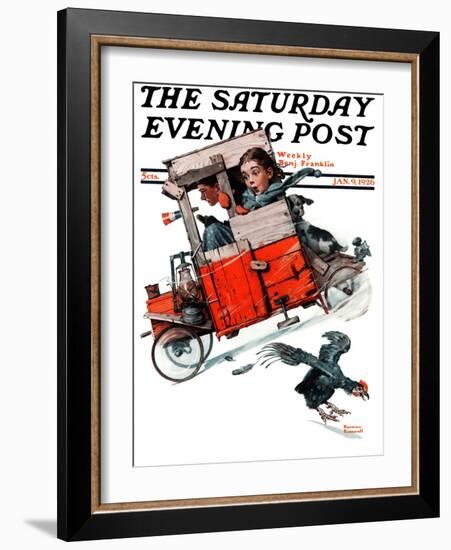 "Look Out Below" or "Downhill Daring" Saturday Evening Post Cover, January 9,1926-Norman Rockwell-Framed Giclee Print