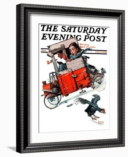 "Look Out Below" or "Downhill Daring" Saturday Evening Post Cover, January 9,1926-Norman Rockwell-Framed Giclee Print