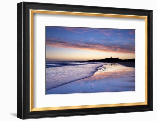 Looking across Embleton Bay at Sunrise Towards the Silhouetted Ruins of Dunstanburgh Castle-Lee Frost-Framed Photographic Print