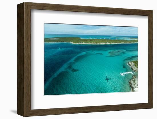 Looking Down at Airplane's Shadow, Jet Ski, Clear Tropical Water and Islands, Exuma Chain, Bahamas-James White-Framed Photographic Print