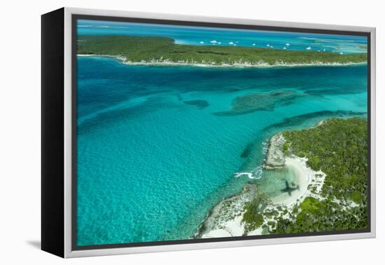 Looking Down at Airplane's Shadow, Jet Ski, Clear Tropical Water and Islands, Exuma Chain, Bahamas-James White-Framed Premier Image Canvas