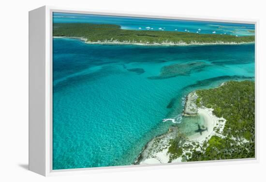 Looking Down at Airplane's Shadow, Jet Ski, Clear Tropical Water and Islands, Exuma Chain, Bahamas-James White-Framed Premier Image Canvas