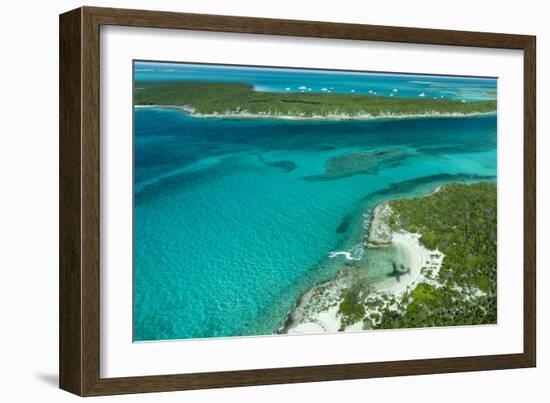 Looking Down at Airplane's Shadow, Jet Ski, Clear Tropical Water and Islands, Exuma Chain, Bahamas-James White-Framed Photographic Print