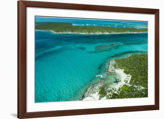 Looking Down at Airplane's Shadow, Jet Ski, Clear Tropical Water and Islands, Exuma Chain, Bahamas-James White-Framed Photographic Print