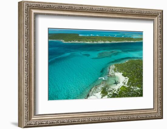 Looking Down at Airplane's Shadow, Jet Ski, Clear Tropical Water and Islands, Exuma Chain, Bahamas-James White-Framed Photographic Print