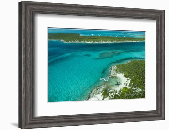 Looking Down at Airplane's Shadow, Jet Ski, Clear Tropical Water and Islands, Exuma Chain, Bahamas-James White-Framed Photographic Print