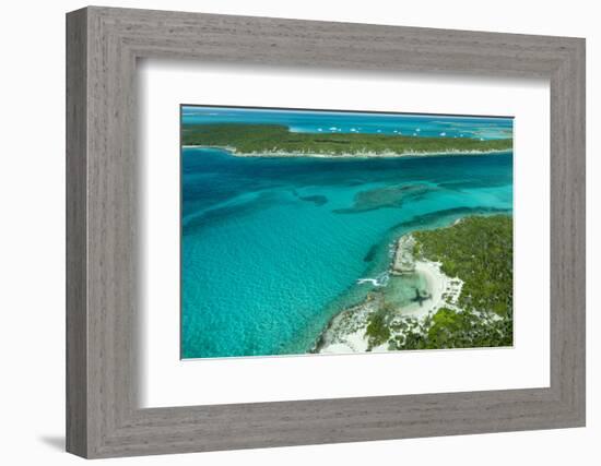 Looking Down at Airplane's Shadow, Jet Ski, Clear Tropical Water and Islands, Exuma Chain, Bahamas-James White-Framed Photographic Print