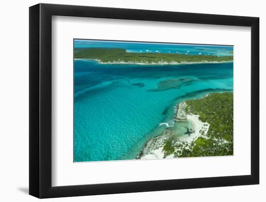 Looking Down at Airplane's Shadow, Jet Ski, Clear Tropical Water and Islands, Exuma Chain, Bahamas-James White-Framed Photographic Print