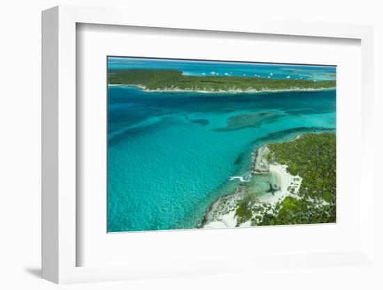 Looking Down at Airplane's Shadow, Jet Ski, Clear Tropical Water and Islands, Exuma Chain, Bahamas-James White-Framed Photographic Print