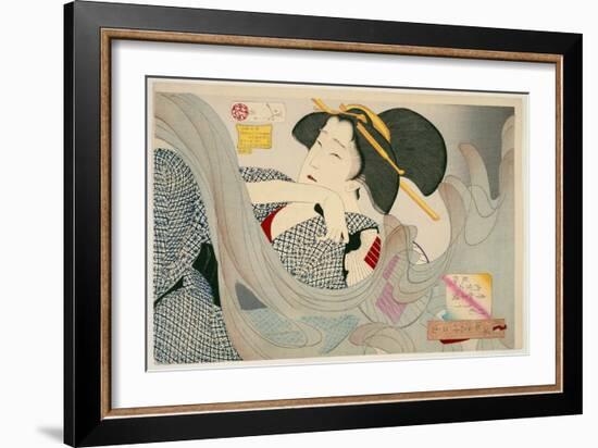 Looking Smoky. a Housewife of the Kyowa Era Kemuso Kyowa Nenkan Naishitsu No Fuzoku, 1880-Tsukioka Kinzaburo Yoshitoshi-Framed Giclee Print