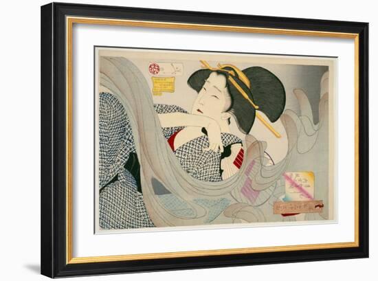 Looking Smoky. a Housewife of the Kyowa Era Kemuso Kyowa Nenkan Naishitsu No Fuzoku, 1880-Tsukioka Kinzaburo Yoshitoshi-Framed Giclee Print