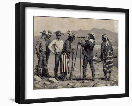 Looking through the Telescope, C. 1888 (Oil on Board in Black and White)-Frederic Remington-Framed Giclee Print