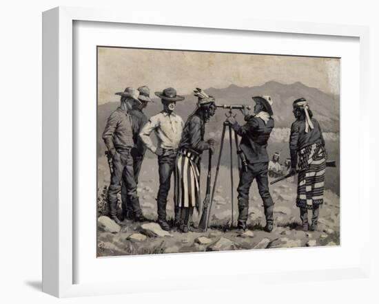 Looking through the Telescope, C. 1888 (Oil on Board in Black and White)-Frederic Remington-Framed Giclee Print