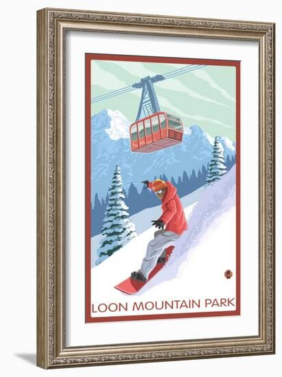 Loon Mountain Park - Snowboarder and Tram-Lantern Press-Framed Art Print