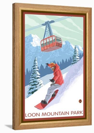 Loon Mountain Park - Snowboarder and Tram-Lantern Press-Framed Stretched Canvas