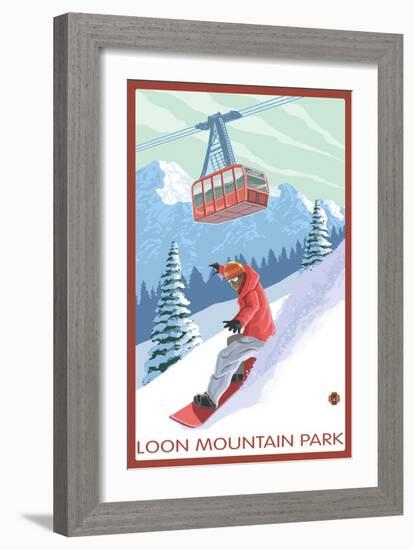 Loon Mountain Park - Snowboarder and Tram-Lantern Press-Framed Premium Giclee Print