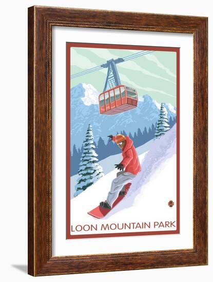 Loon Mountain Park - Snowboarder and Tram-Lantern Press-Framed Premium Giclee Print