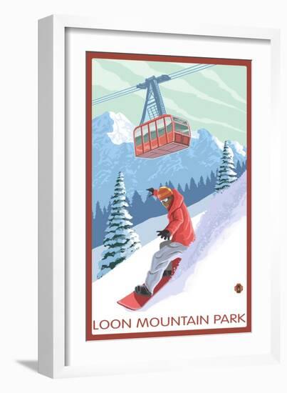 Loon Mountain Park - Snowboarder and Tram-Lantern Press-Framed Premium Giclee Print