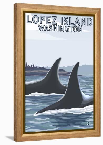 Lopez Island, WA - Orca Fins-Lantern Press-Framed Stretched Canvas