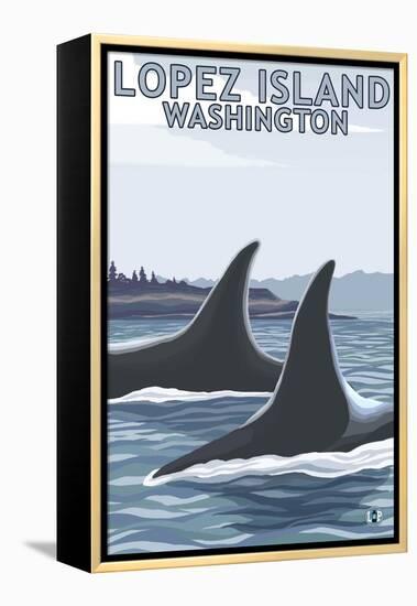 Lopez Island, WA - Orca Fins-Lantern Press-Framed Stretched Canvas