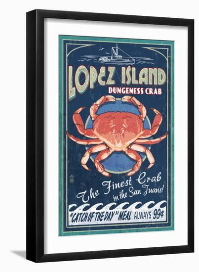 Lopez Island, Washington - Dungeness Crab Vintage Sign-Lantern Press-Framed Art Print