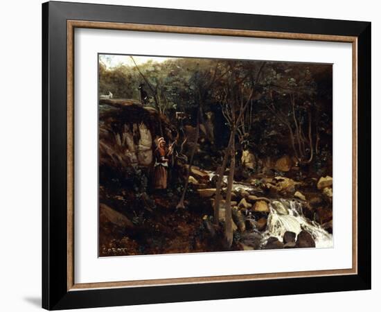 Lormes - a Torrent with a Standing Peasant, Spinning Wool, 1842-Jean-Baptiste-Camille Corot-Framed Giclee Print