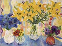 Orange Flowers in Blue and White Vase on a Table Next to a Jug-Lorraine Platt-Giclee Print