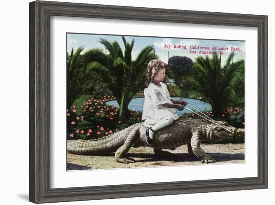 Los Angeles, California - Girl Riding Alligator at the Farm-Lantern Press-Framed Art Print