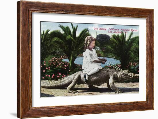 Los Angeles, California - Girl Riding Alligator at the Farm-Lantern Press-Framed Art Print