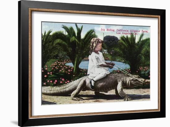 Los Angeles, California - Girl Riding Alligator at the Farm-Lantern Press-Framed Art Print