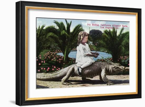 Los Angeles, California - Girl Riding Alligator at the Farm-Lantern Press-Framed Art Print