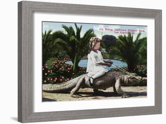 Los Angeles, California - Girl Riding Alligator at the Farm-Lantern Press-Framed Premium Giclee Print