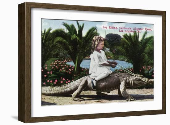 Los Angeles, California - Girl Riding Alligator at the Farm-Lantern Press-Framed Premium Giclee Print