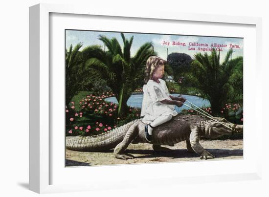 Los Angeles, California - Girl Riding Alligator at the Farm-Lantern Press-Framed Premium Giclee Print