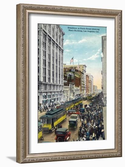 Los Angeles, California - Story Building View from Broadway and Sixth Street-Lantern Press-Framed Art Print