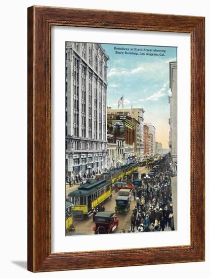 Los Angeles, California - Story Building View from Broadway and Sixth Street-Lantern Press-Framed Art Print