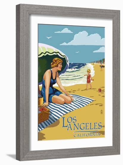 Los Angeles, California - Woman on the Beach-Lantern Press-Framed Art Print