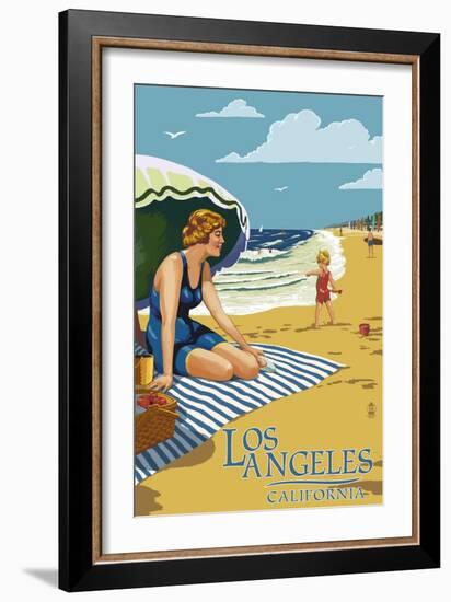 Los Angeles, California - Woman on the Beach-Lantern Press-Framed Art Print