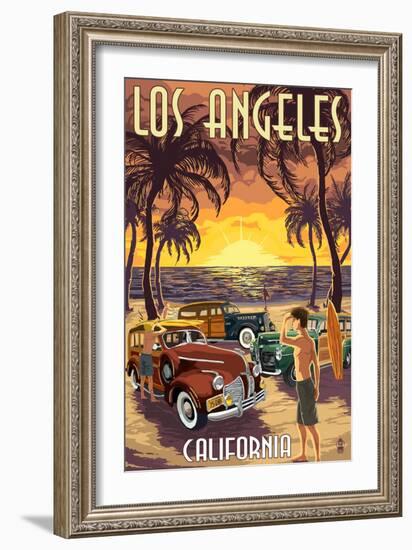 Los Angeles, California - Woodies and Sunset-Lantern Press-Framed Art Print