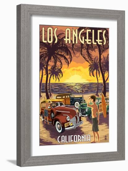 Los Angeles, California - Woodies and Sunset-Lantern Press-Framed Art Print