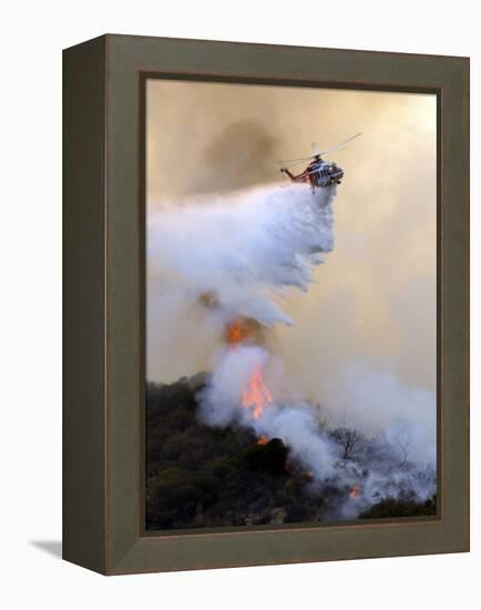 Los Angeles City Fire Helicopter Drops Water on a Hot Spot in the Angeles National Forest-null-Framed Premier Image Canvas