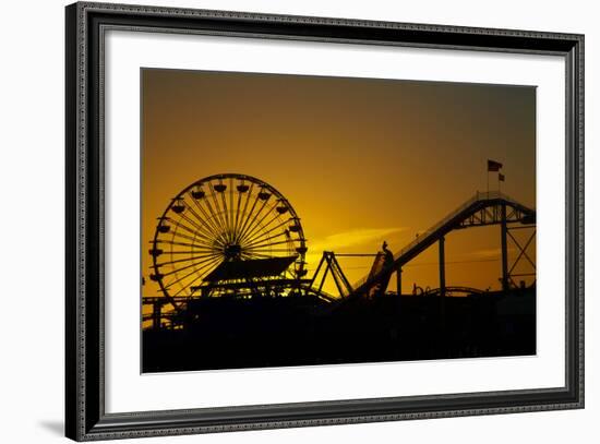 Los Angeles, Santa Monica, Ferris Wheel and Roller Coaster at Sunset-David Wall-Framed Photographic Print