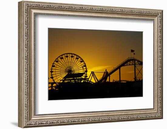 Los Angeles, Santa Monica, Ferris Wheel and Roller Coaster at Sunset-David Wall-Framed Photographic Print