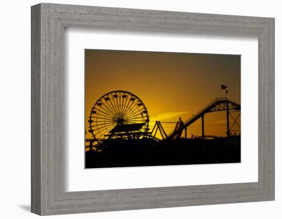 Los Angeles, Santa Monica, Ferris Wheel and Roller Coaster at Sunset-David Wall-Framed Photographic Print