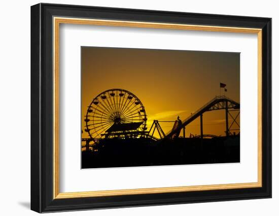 Los Angeles, Santa Monica, Ferris Wheel and Roller Coaster at Sunset-David Wall-Framed Photographic Print