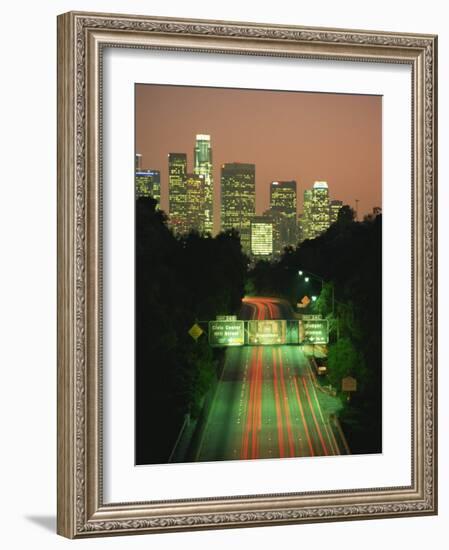 Los Angeles Skyline and Freeway, Illuminated at Night, California, USA-Howell Michael-Framed Photographic Print