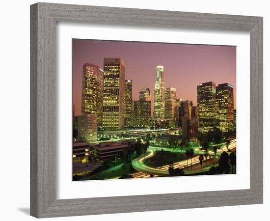 Los Angeles Skyline and Freeways, Illuminated at Night, California, USA-Howell Michael-Framed Photographic Print