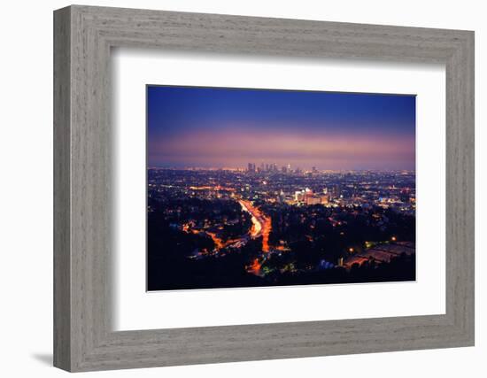 Los Angeles Skyline at Night, View from Hollywood Hills towards 101 Freeway and Downtown.-logoboom-Framed Photographic Print